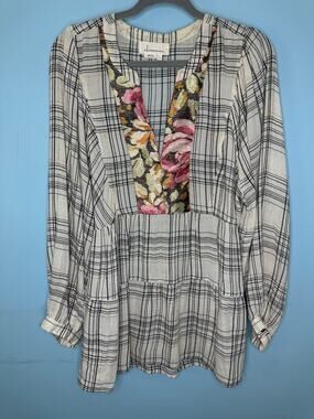 Anthropologie Darlene Plaid Peasant Blouse plaid gold metallic floral Size L